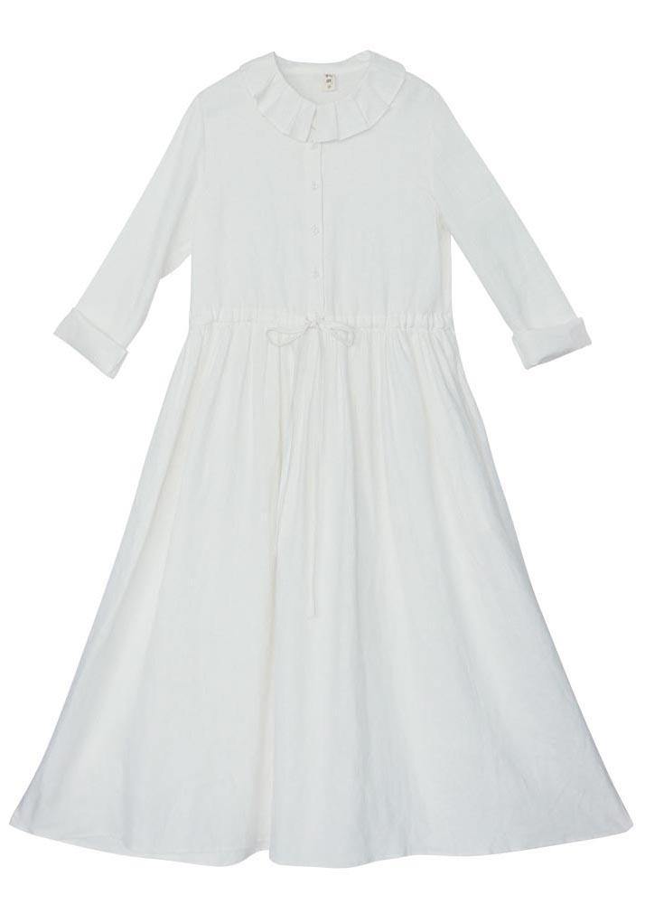 Women White Ruffles Pockets Summer Linen Dress - SooLinen