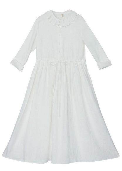 Women White Ruffles Pockets Summer Linen Dress - SooLinen