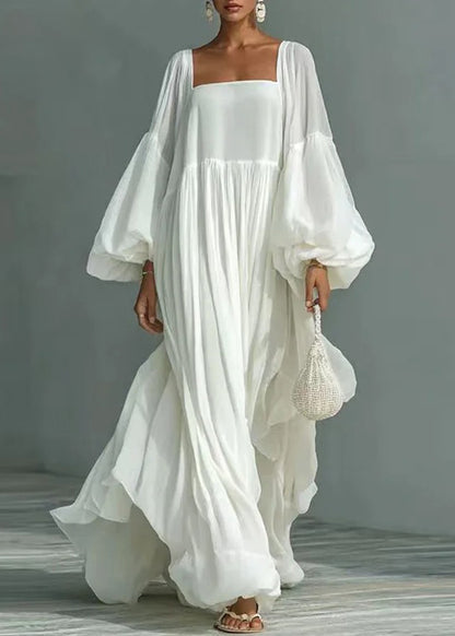 Women White Square Collar Wrinkled Patchwork Cotton Dresses Summer