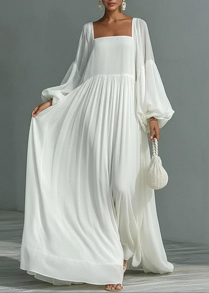 Women White Square Collar Wrinkled Patchwork Cotton Dresses Summer