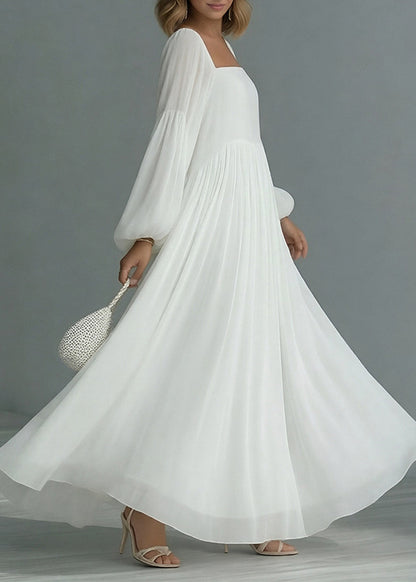Women White Square Collar Wrinkled Patchwork Cotton Dresses Summer