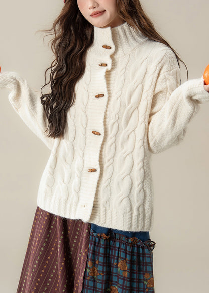 Women White Stand Collar Button Cable Knit Coats Winter
