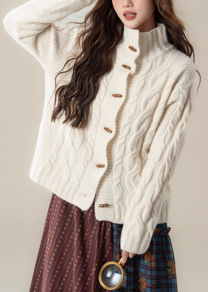 Women White Stand Collar Button Cable Knit Coats Winter