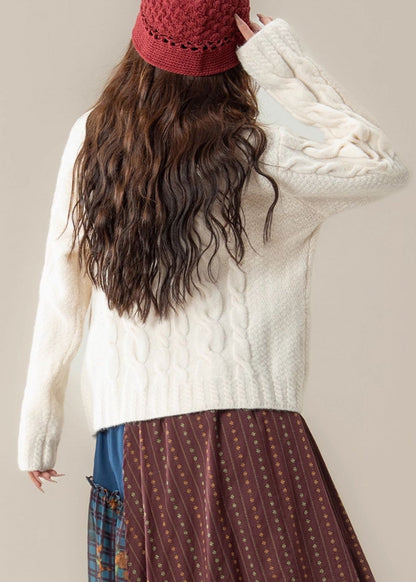 Women White Stand Collar Button Cable Knit Coats Winter