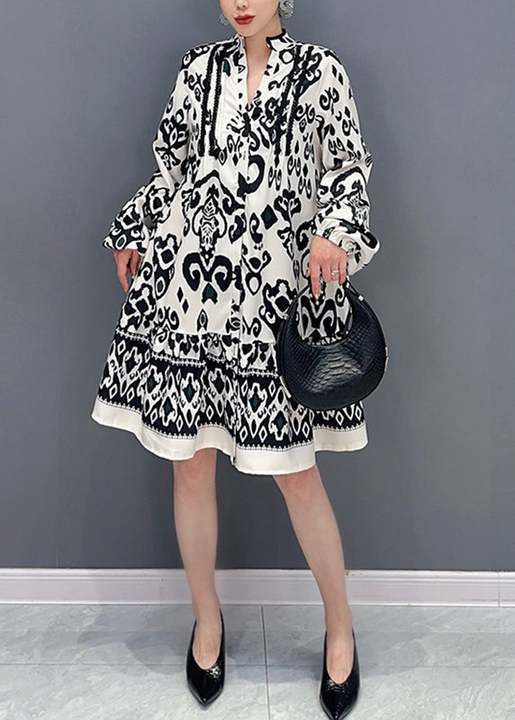 Women White Stand Collar Print Maxi Dresses Lantern Sleeve