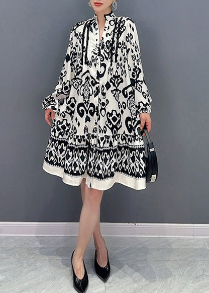 Women White Stand Collar Print Maxi Dresses Lantern Sleeve