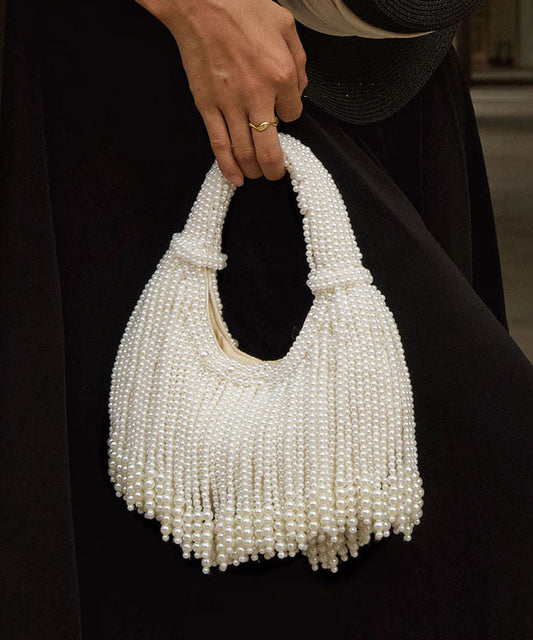 Women White String Pearl Weave Tassel Tote