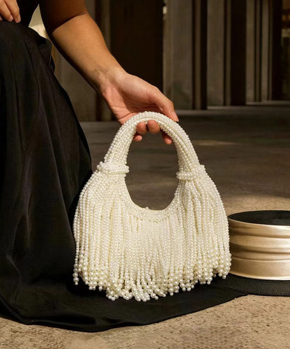 Women White String Pearl Weave Tassel Tote