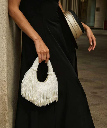 Women White String Pearl Weave Tassel Tote