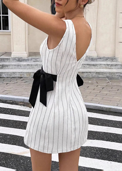 Women White Striped Bow Cotton Tea Dresses Sleeveless