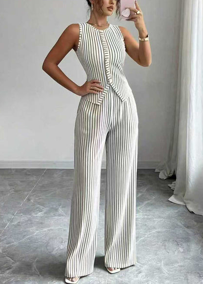 Women White Striped Button Cotton Tops With Wide Leg Pants Two Pieces Set Summer