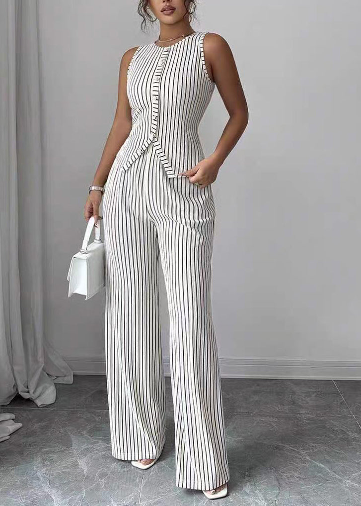 Women White Striped Button Cotton Tops With Wide Leg Pants Two Pieces Set Summer