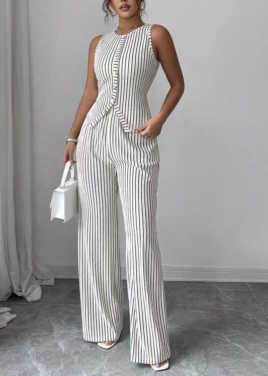 Women White Striped Button Cotton Tops With Wide Leg Pants Two Pieces Set Summer
