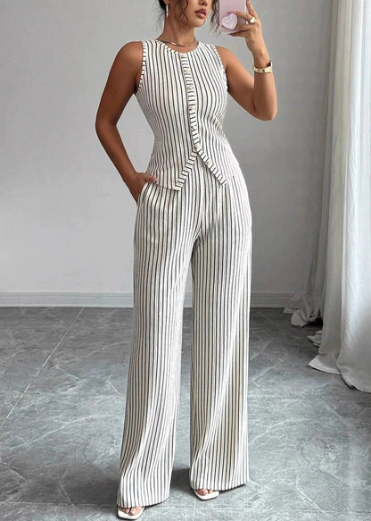 Women White Striped Button Cotton Tops With Wide Leg Pants Two Pieces Set Summer