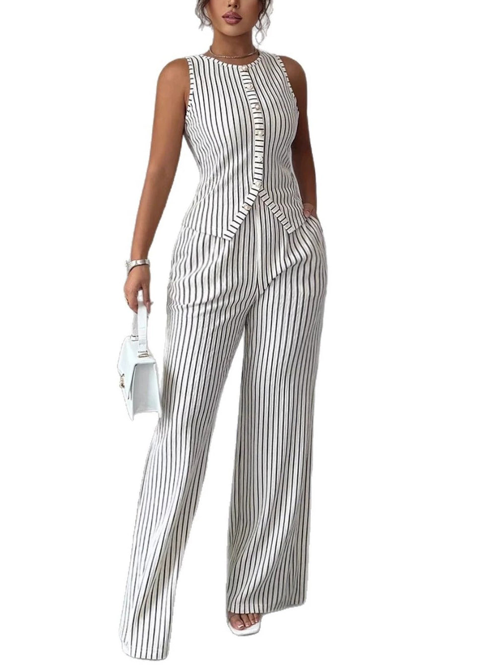 Women White Striped Button Cotton Tops With Wide Leg Pants Two Pieces Set Summer