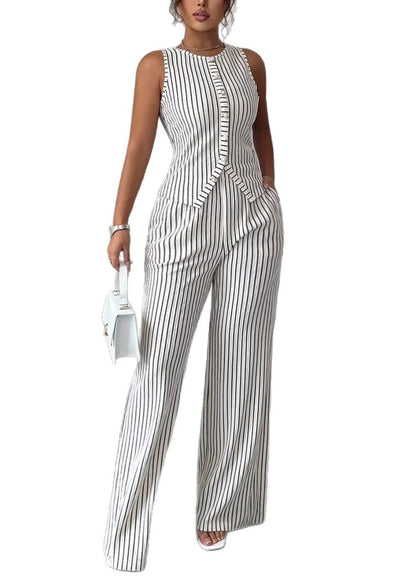 Women White Striped Button Cotton Tops With Wide Leg Pants Two Pieces Set Summer