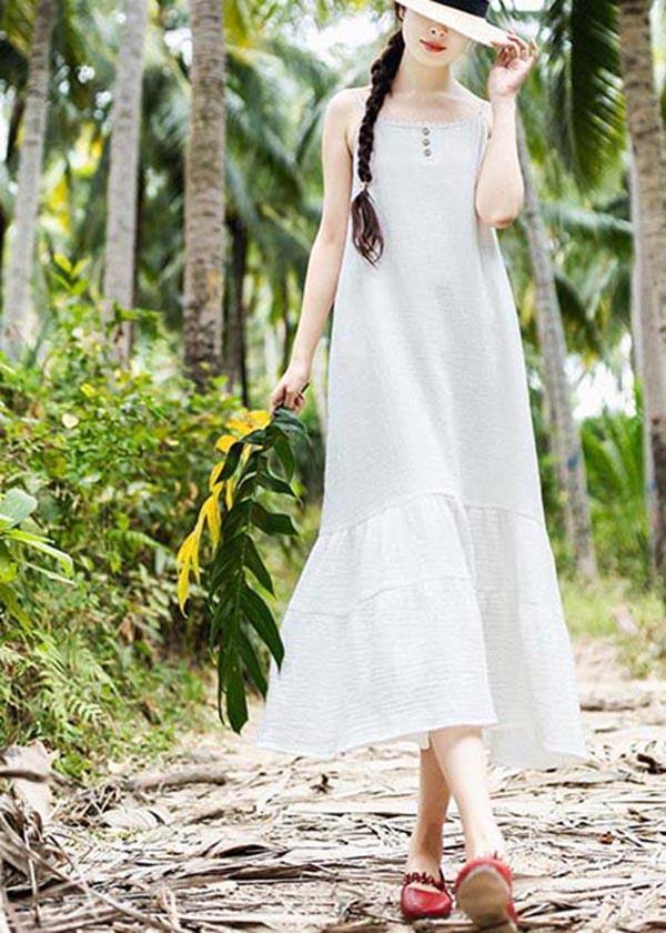 Women White Summer Patchwork Cotton Maxi Dress - SooLinen
