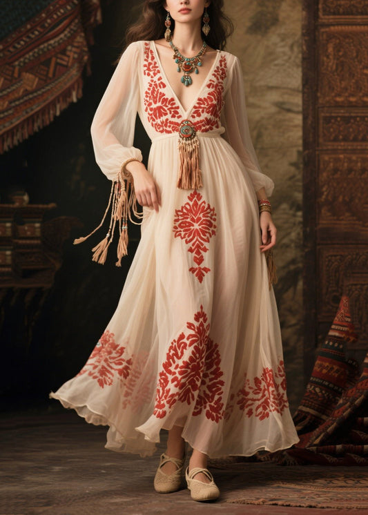 Women White Tasseled Print Chiffon Long Dress Fall