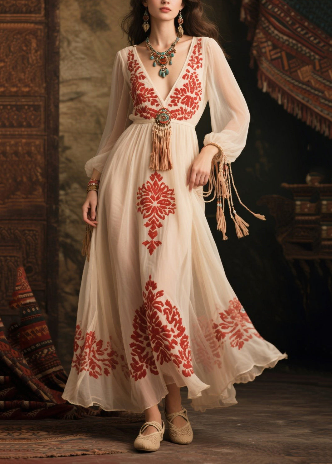 Women White Tasseled Print Chiffon Long Dress Fall