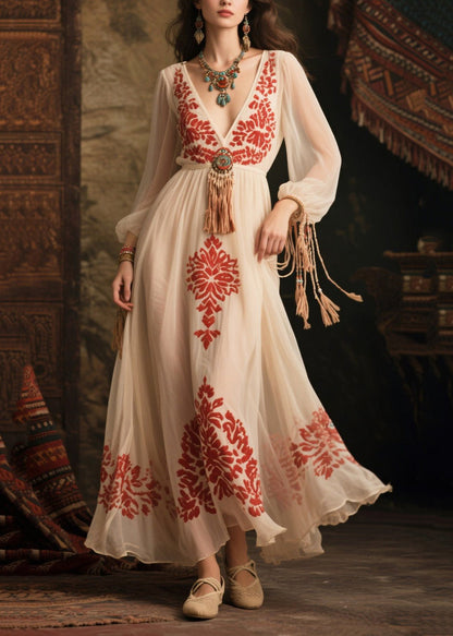 Women White Tasseled Print Chiffon Long Dress Fall