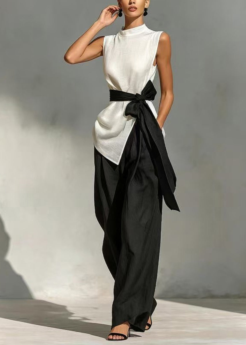 Women White Tie Waist Side Open Two Pieces Set Sleeveless