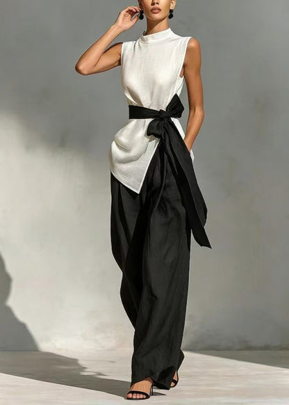 Women White Tie Waist Side Open Two Pieces Set Sleeveless
