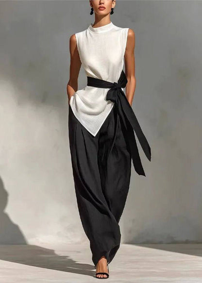 Women White Tie Waist Side Open Two Pieces Set Sleeveless
