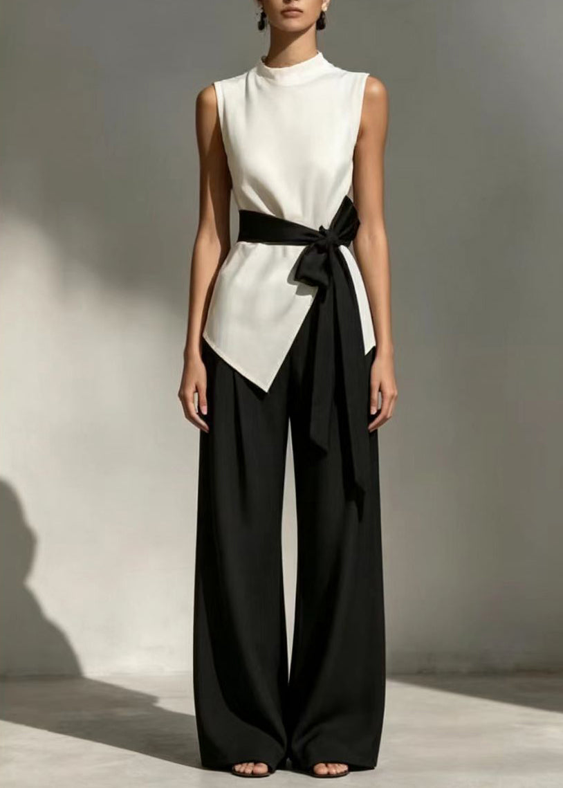 Women White Tie Waist Side Open Two Pieces Set Sleeveless