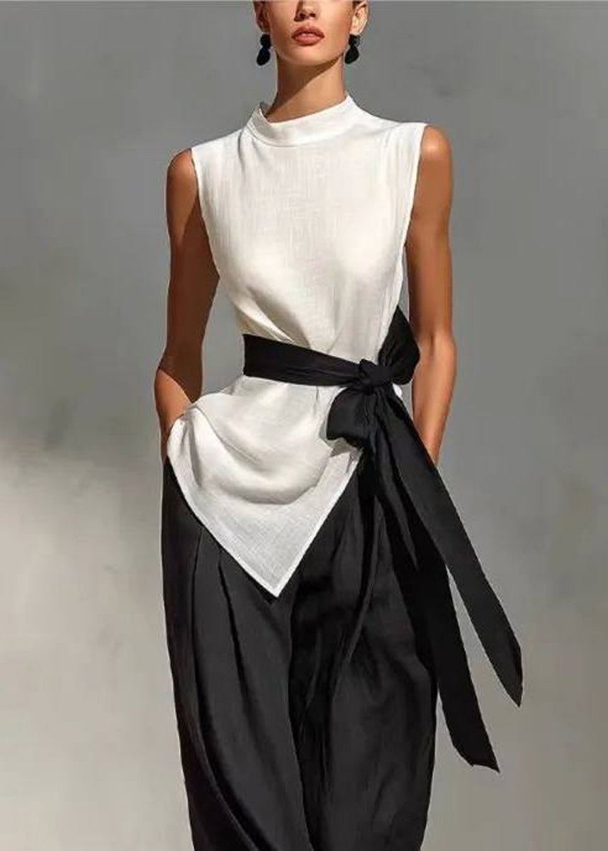 Women White Tie Waist Side Open Two Pieces Set Sleeveless