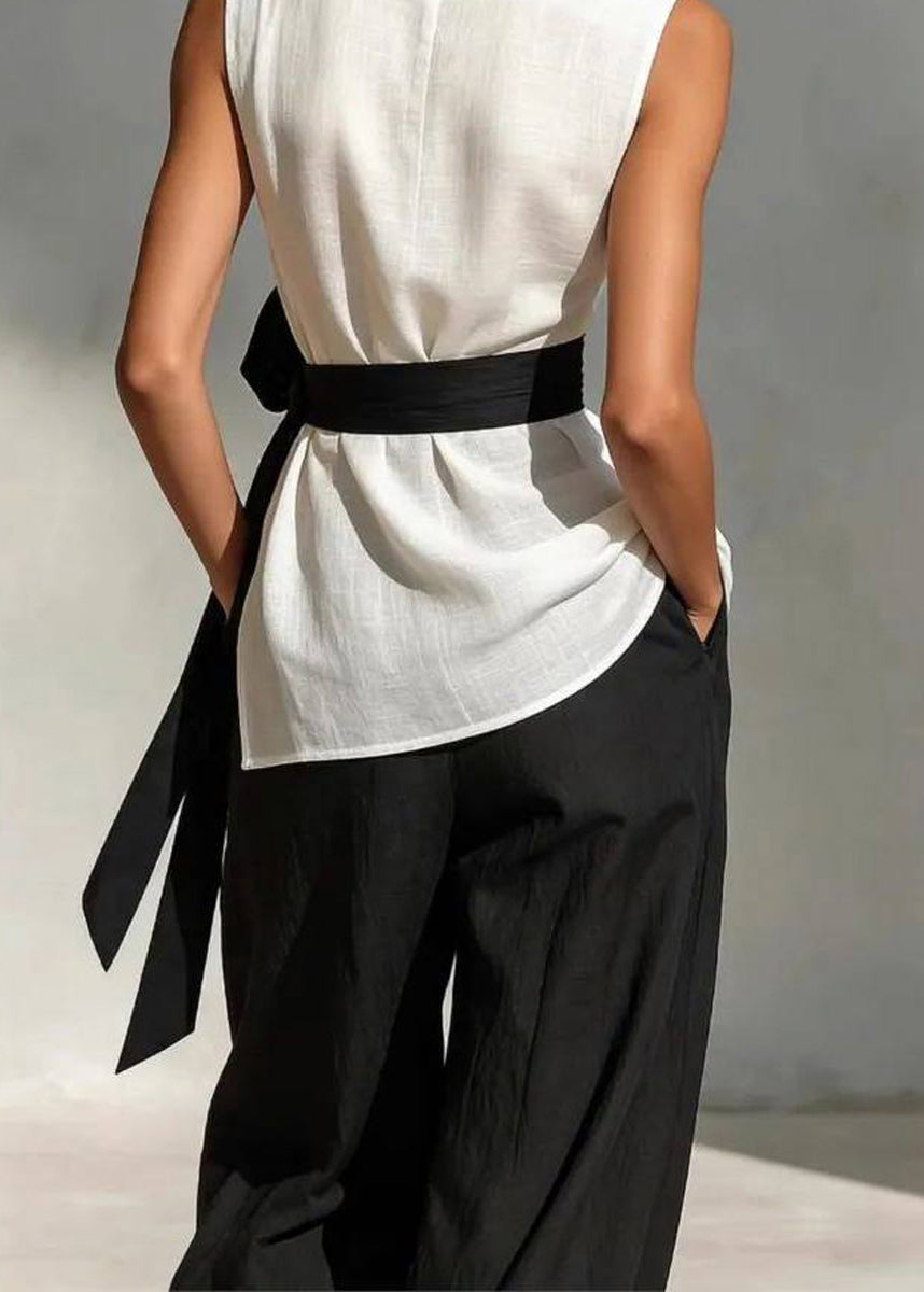 Women White Tie Waist Side Open Two Pieces Set Sleeveless