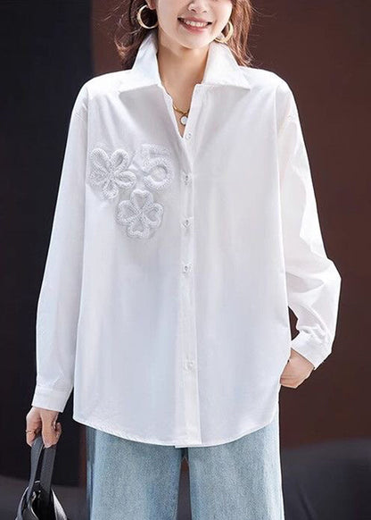 Women White Turn-Down Collar Nail Bead Shirts Fall