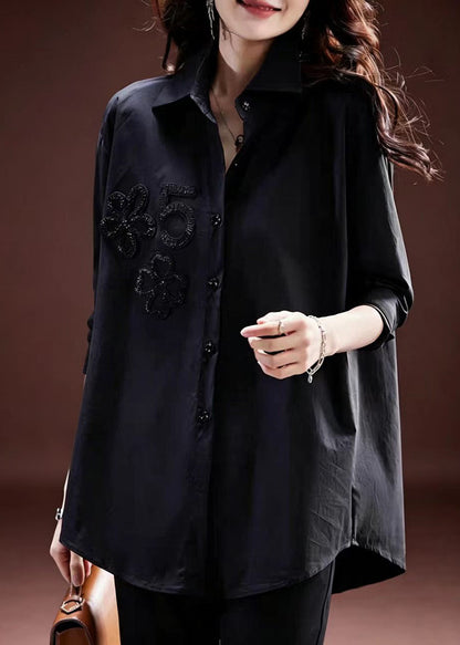 Women White Turn-Down Collar Nail Bead Shirts Fall