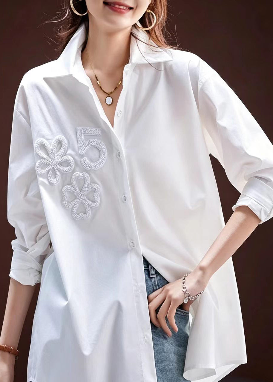 Women White Turn-Down Collar Nail Bead Shirts Fall