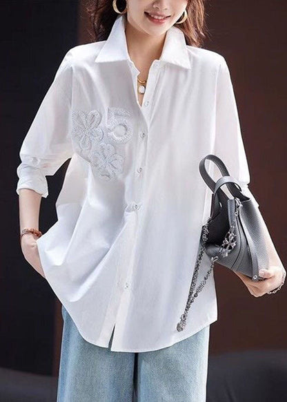 Women White Turn-Down Collar Nail Bead Shirts Fall