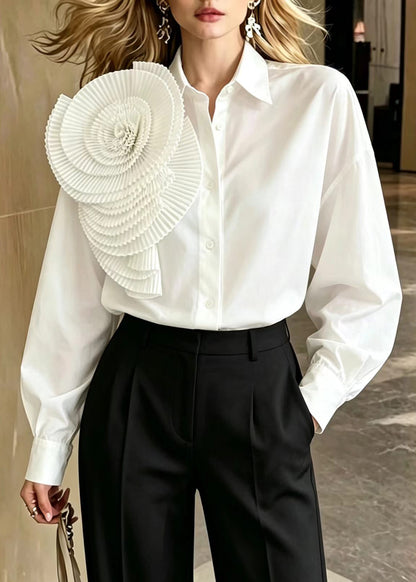 Women White Turn-Down Collar Stereoscopic Large Floral Shirt Top Fall
