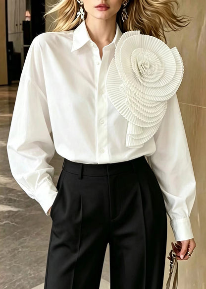 Women White Turn-Down Collar Stereoscopic Large Floral Shirt Top Fall