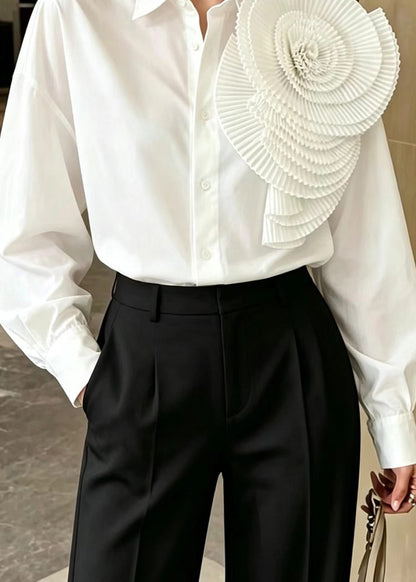 Women White Turn-Down Collar Stereoscopic Large Floral Shirt Top Fall