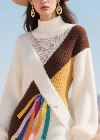 Women White Turtle Neck Patchwork Hollow Out Knitted Dress Winter