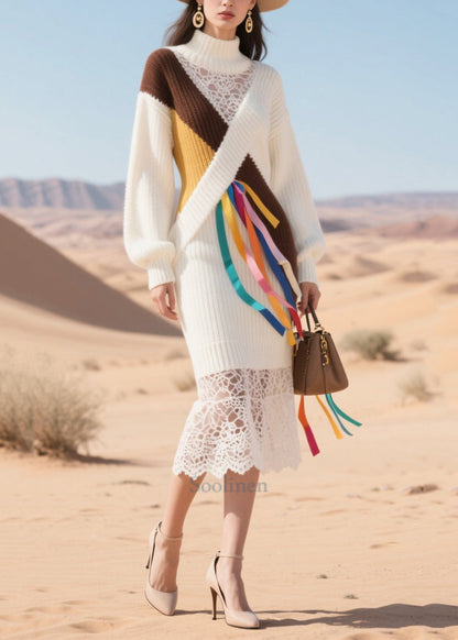 Women White Turtle Neck Patchwork Hollow Out Knitted Dress Winter