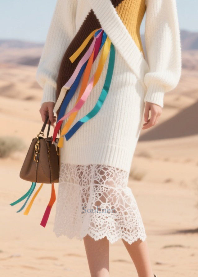 Women White Turtle Neck Patchwork Hollow Out Knitted Dress Winter