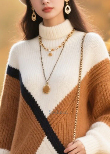 Women White Turtle Neck Patchwork Knitted Dress Winter