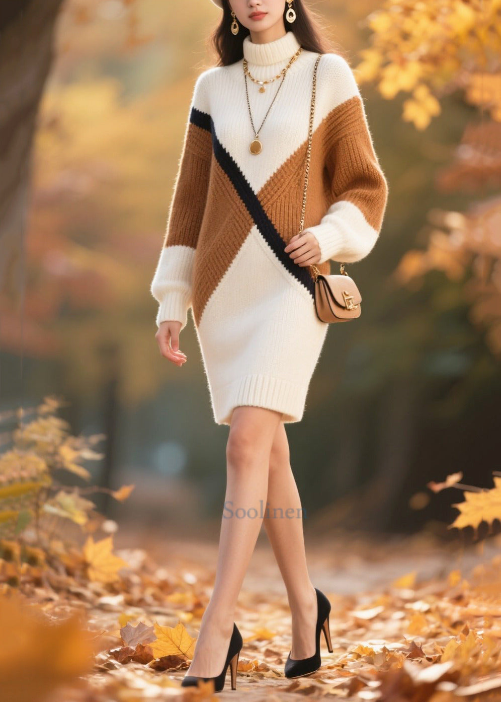 Women White Turtle Neck Patchwork Knitted Dress Winter