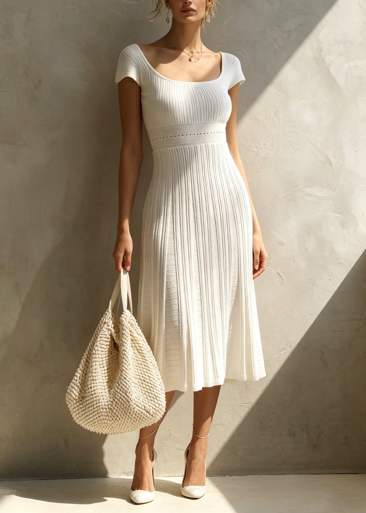 Women White U Neck Patchwork Jacquard Knit Dress Summer