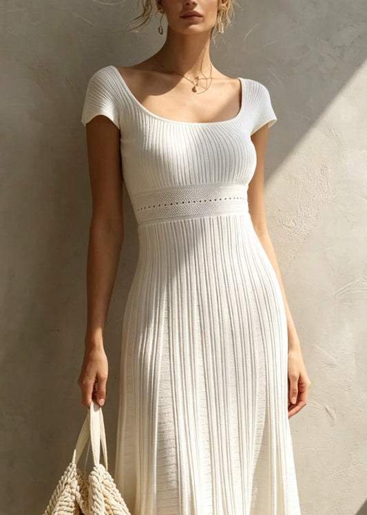 Women White U Neck Patchwork Jacquard Knit Dress Summer
