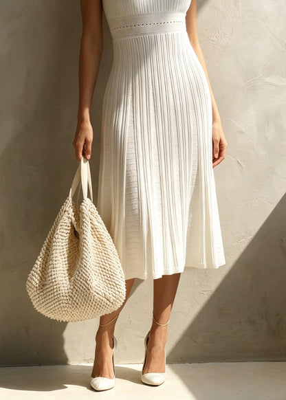 Women White U Neck Patchwork Jacquard Knit Dress Summer
