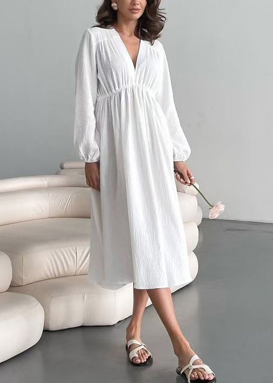 Women White V Neck Cotton Pajama Dress Fall
