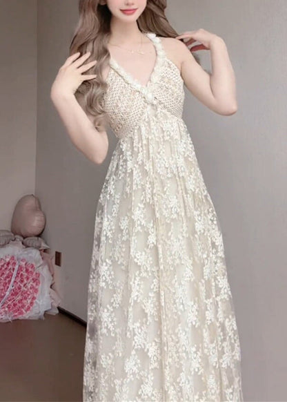 Women White V Neck Exra Large Hem Lace Spaghetti Strap Dress Summer
