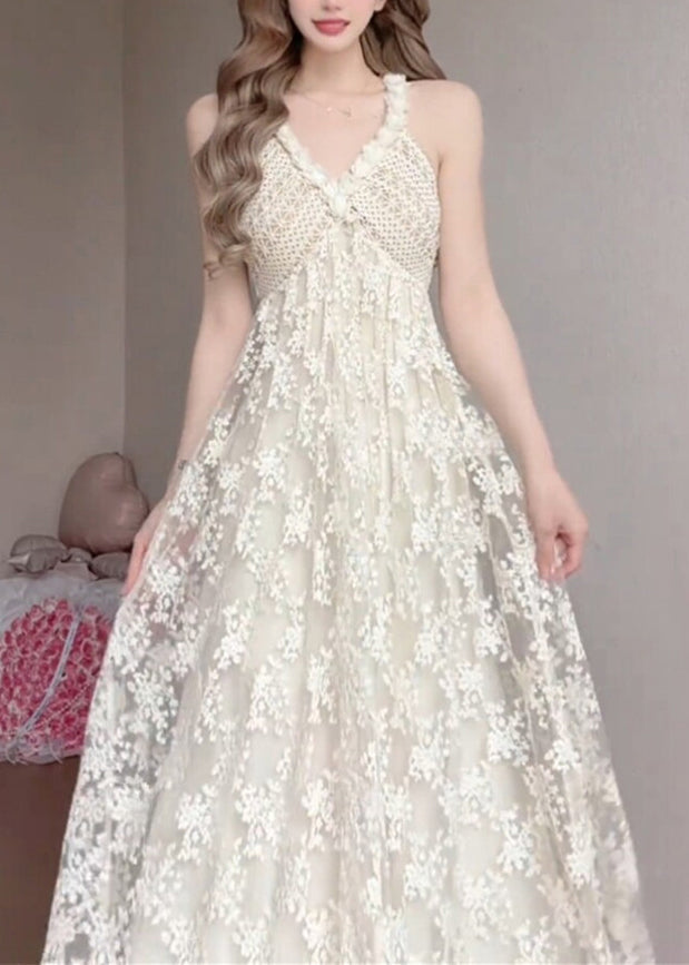Women White V Neck Exra Large Hem Lace Spaghetti Strap Dress Summer