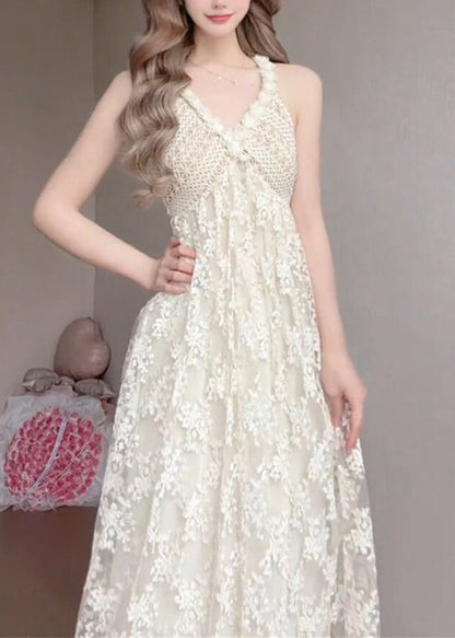Women White V Neck Exra Large Hem Lace Spaghetti Strap Dress Summer