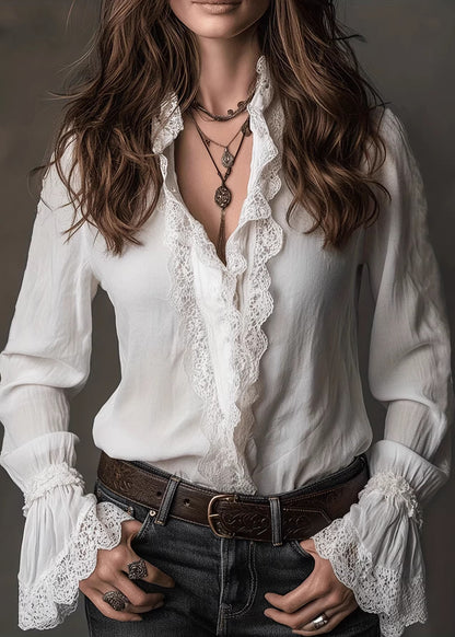Women White V Neck Lace Patchwork Cotton Shirts Spring